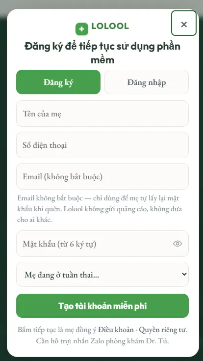 Màn đăng ký / đăng nhập tài khoản Lolool