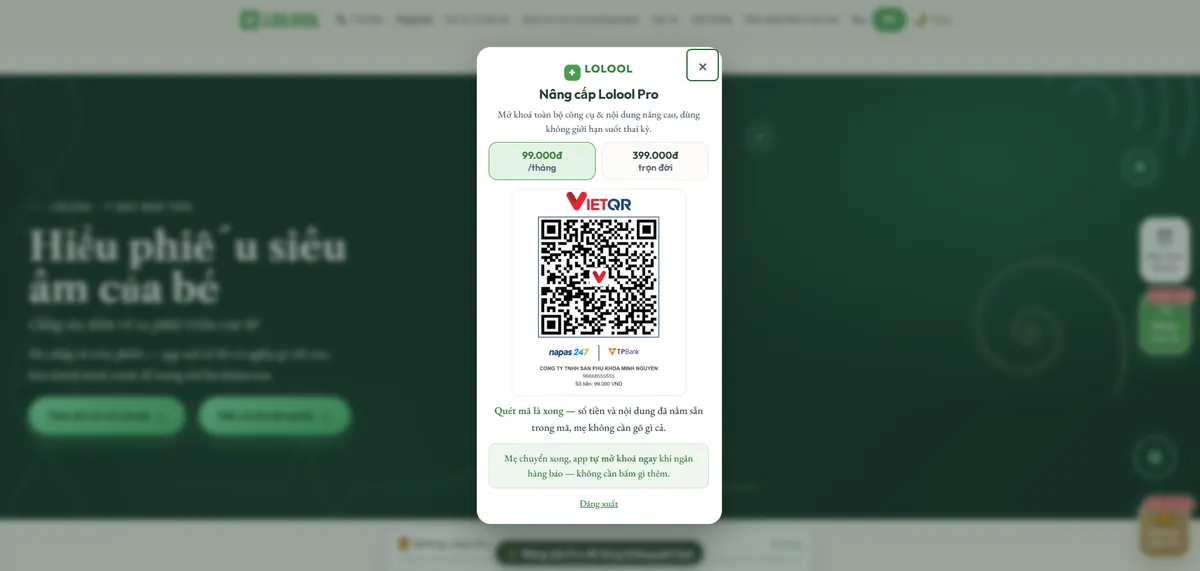 Giao diện giới thiệu gói Lolool Pro với mã VietQR