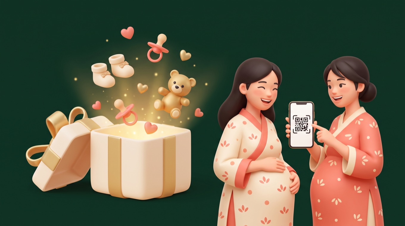 Hộp quà và hai mẹ bầu chia sẻ mã QR
